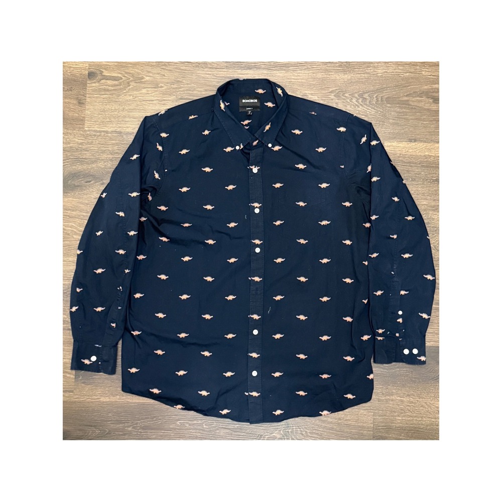 Bonobos Shirt Men 2XL Long Navy Dinosaur Print Button Down Prominent Fit